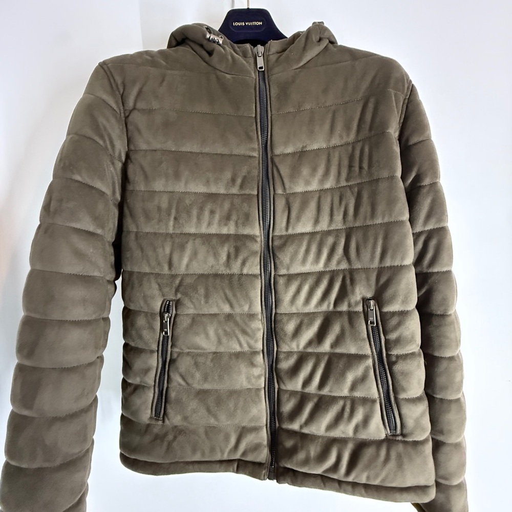 Men's Olive Hooded Suede Quilted Jacket - Zara Lightweight Puffer Coat